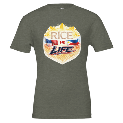 Green t-shirt with 'Rice is Life' graphic design featuring American and Philippine flags on a white background.
