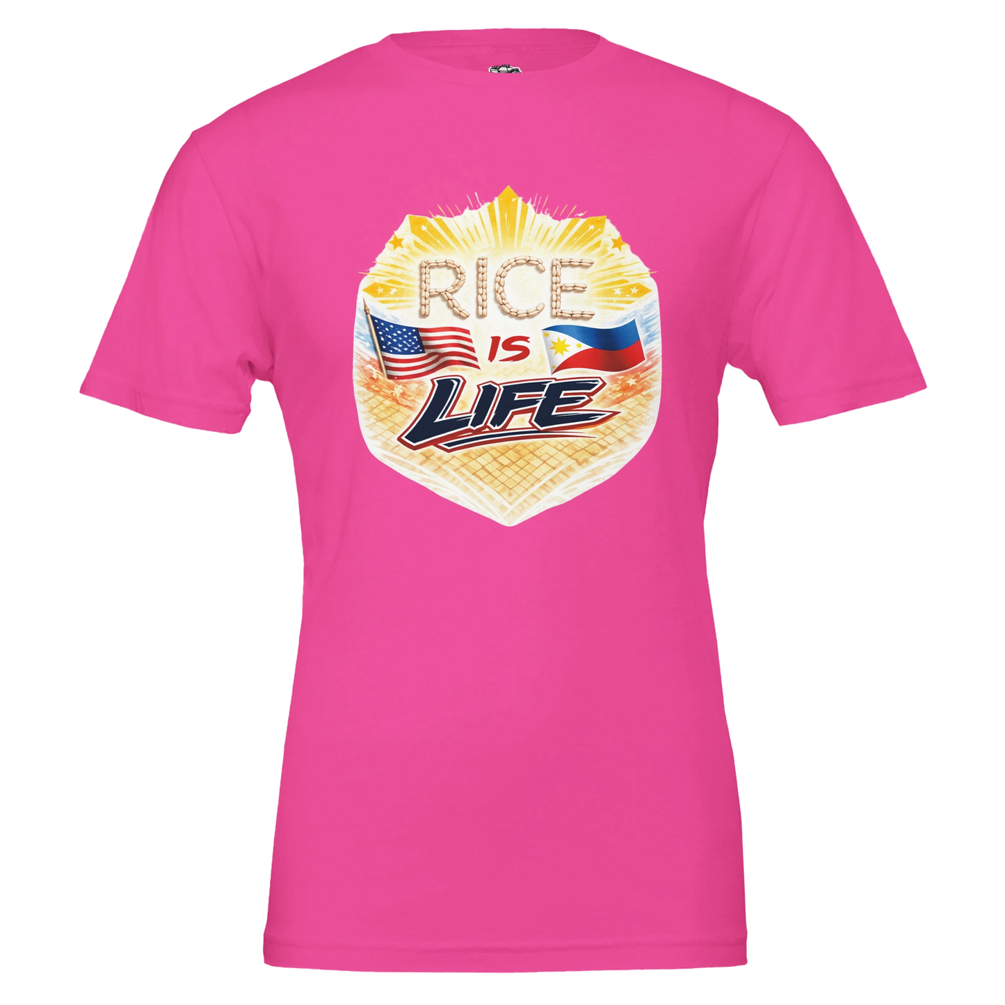 Pink t-shirt with 'Rice is Life' graphic design featuring American and Philippine flags on a white background.