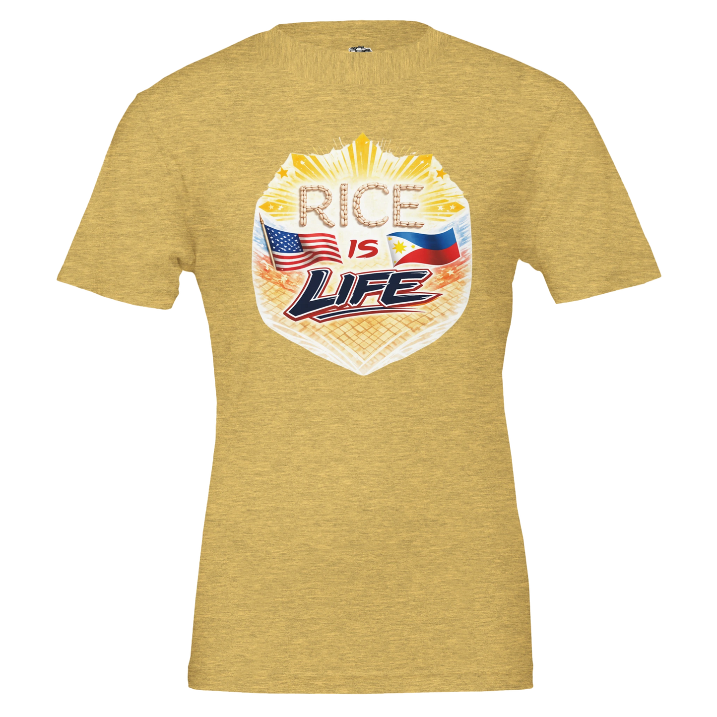 Yellow t-shirt with 'Rice is Life' graphic design featuring American and Philippine flags on a white background.