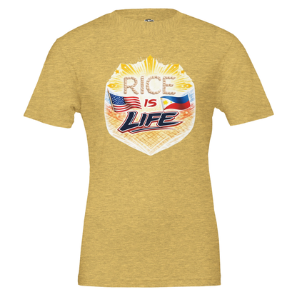 Yellow t-shirt with 'Rice is Life' graphic design featuring American and Philippine flags on a white background.