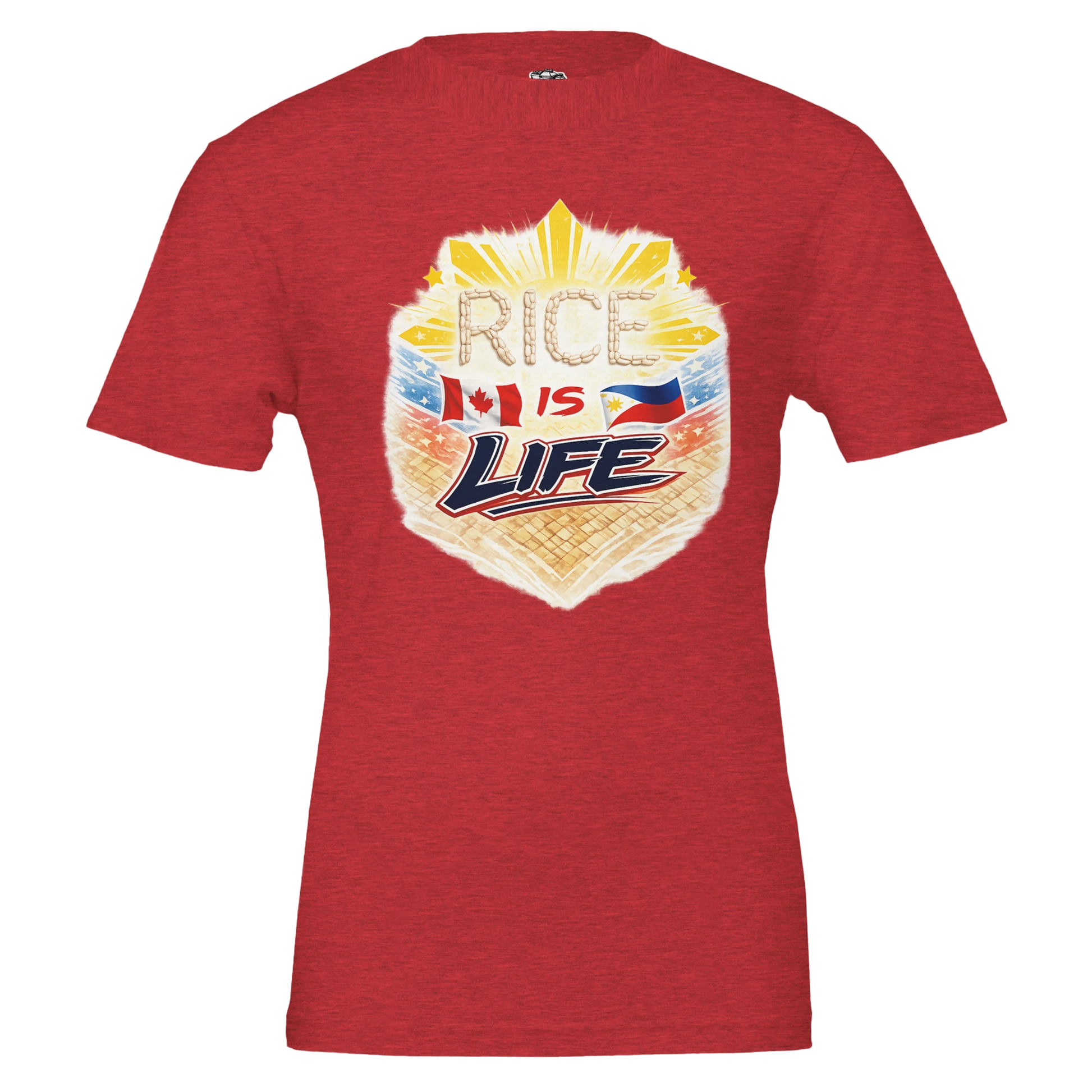 Red t-shirt with 'Rice is Life' graphic design on a white background