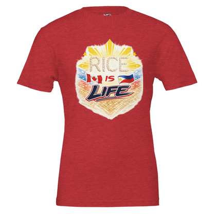 Red t-shirt with 'Rice is Life' graphic design on a white background