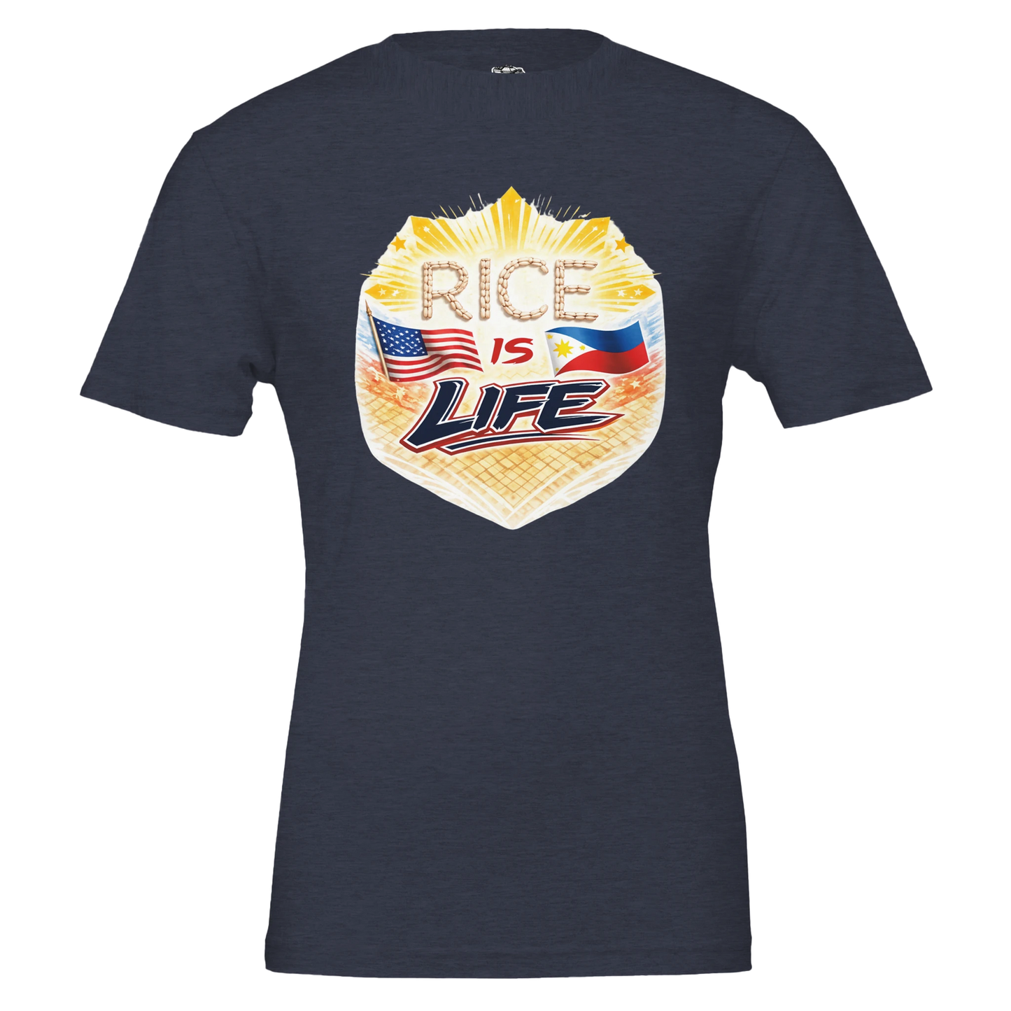 Navy blue t-shirt with 'Rice is Life' graphic design featuring American and Philippine flags on a white background.
