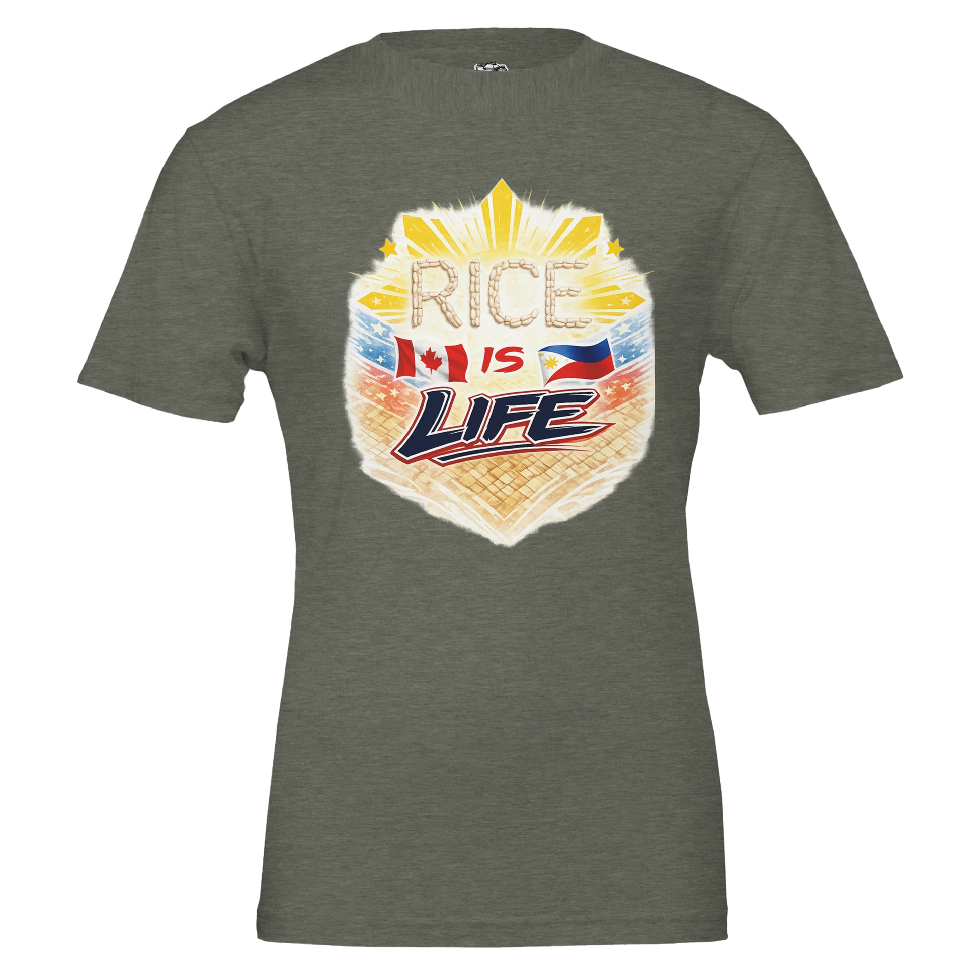 Gray t-shirt with 'Rice is Life' graphic design on a white background