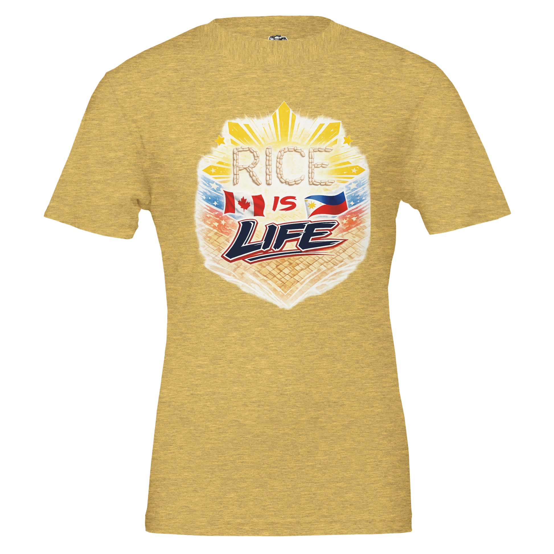 Yellow t-shirt with 'Rice is Life' graphic design on a white background