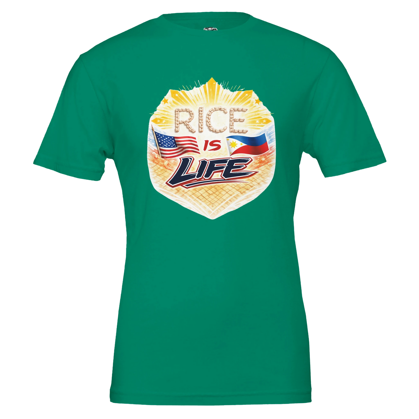 Kelly green t-shirt with 'Rice is Life' graphic design featuring flags on a white background
