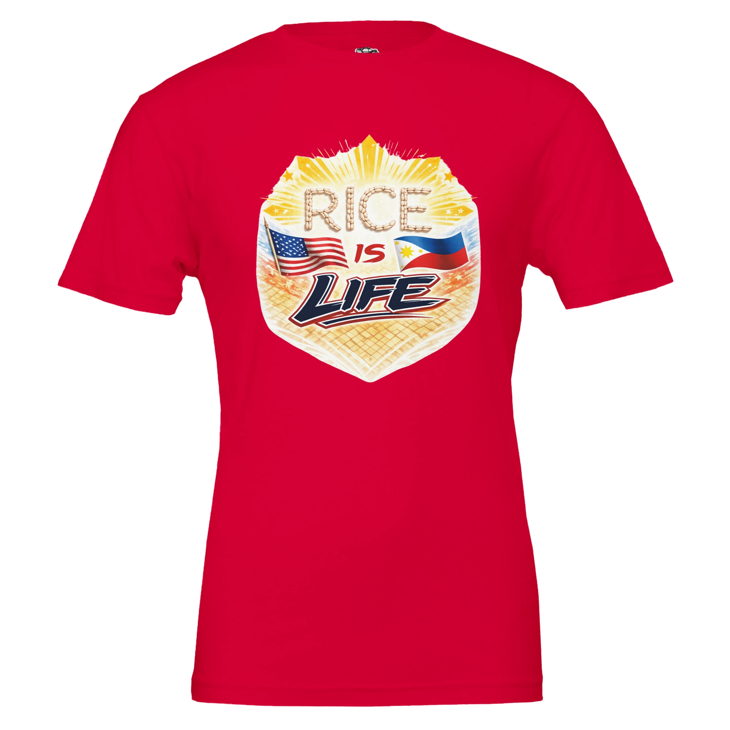 Red t-shirt with 'Rice is Life' graphic design featuring flags on a white background