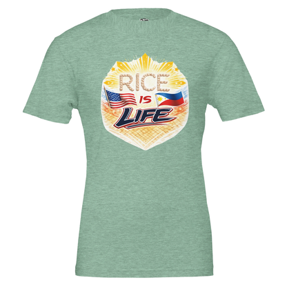 Green t-shirt with 'Rice is Life' graphic design featuring an American flag and Philippine flag on a white background.