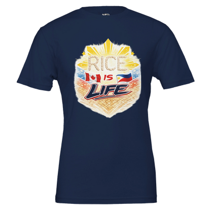 Navy blue t-shirt with 'Rice is Life' graphic design featuring a flag on a white background