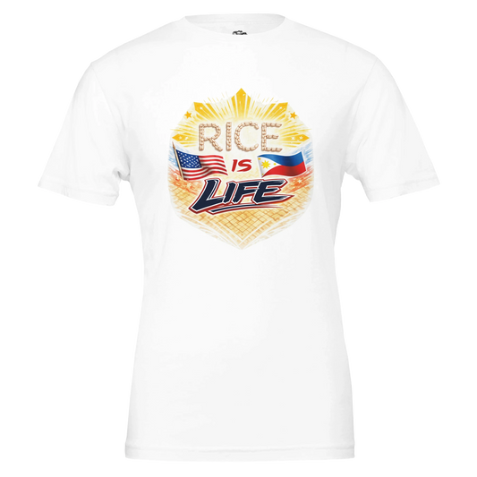 White t-shirt with 'Rice is Life' graphic design featuring American and Philippine flags on a white background.