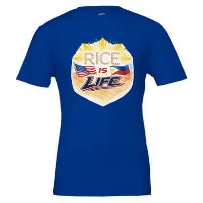 Royal blue t-shirt with 'Rice is Life' graphic design on a white background