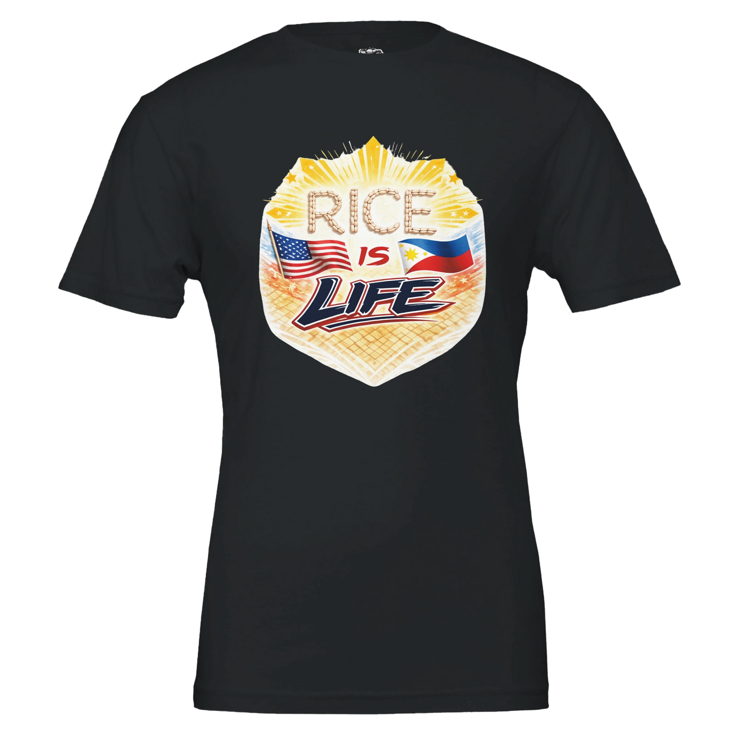 Black t-shirt with 'Rice is Life' graphic design featuring American and Philippine flags on a white background.
