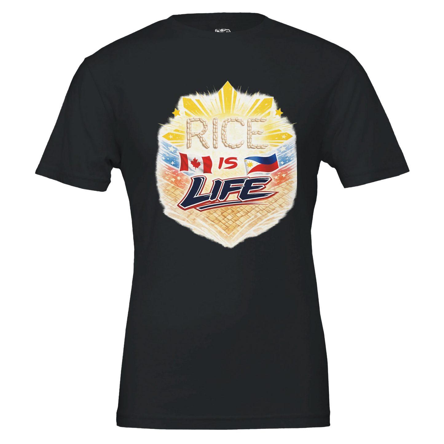 Black t-shirt with 'Rice is Life' graphic design featuring a flag on a white background