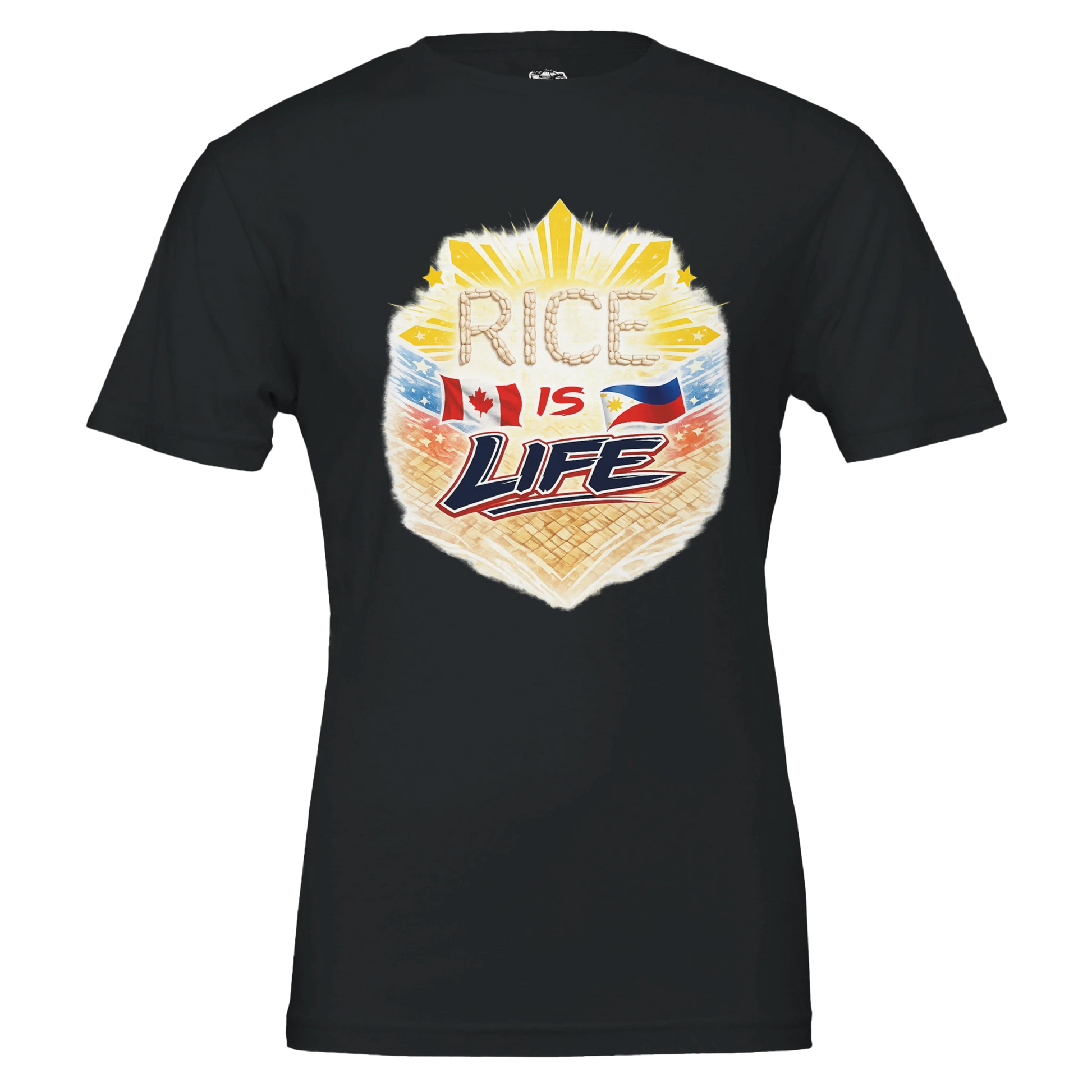 Black t-shirt with 'Rice is Life' graphic design featuring a flag on a white background