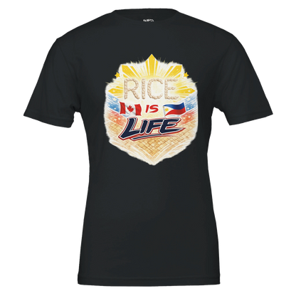 Black t-shirt with 'Rice is Life' graphic design featuring a flag on a white background