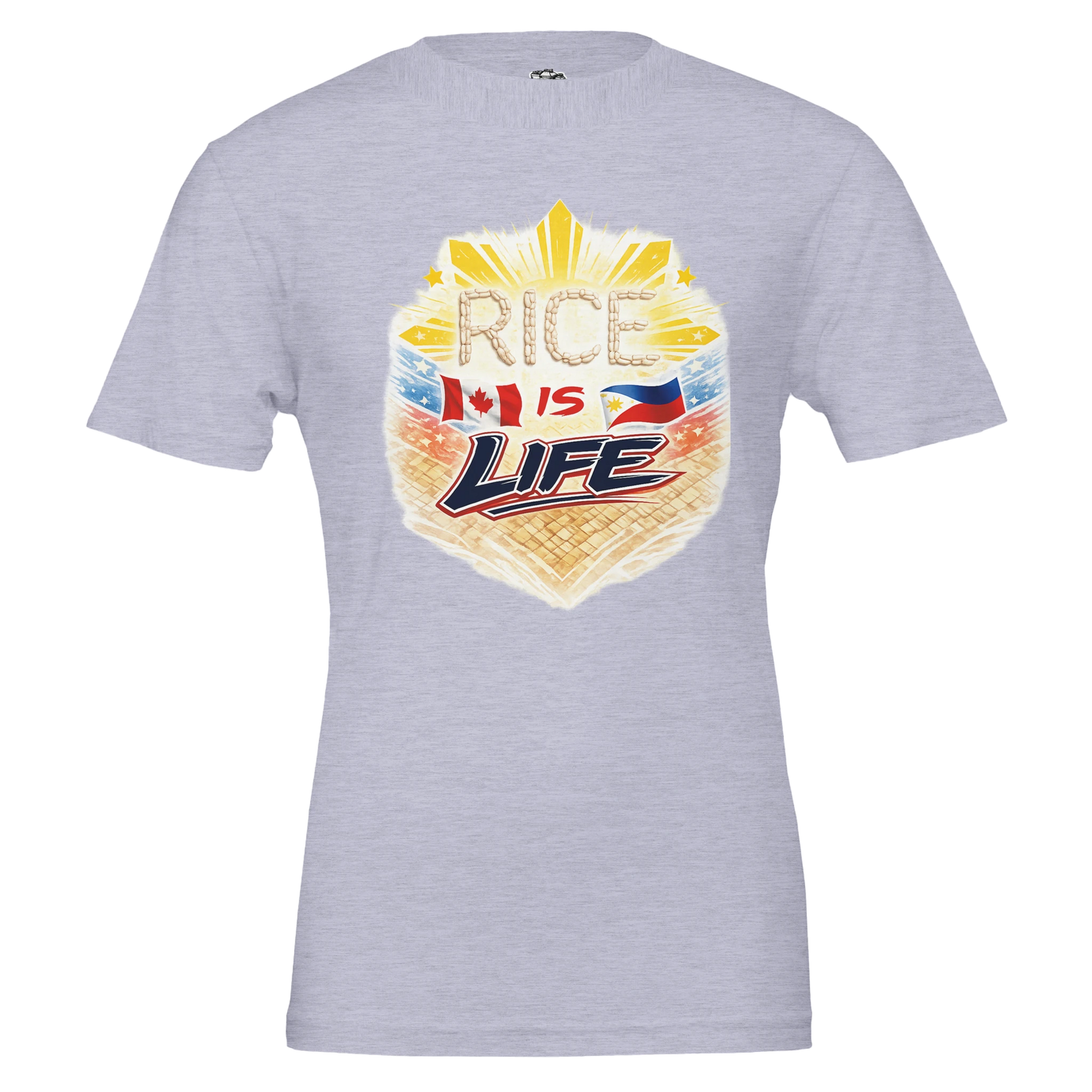 Gray t-shirt with 'Rice is Life' graphic design on a white background