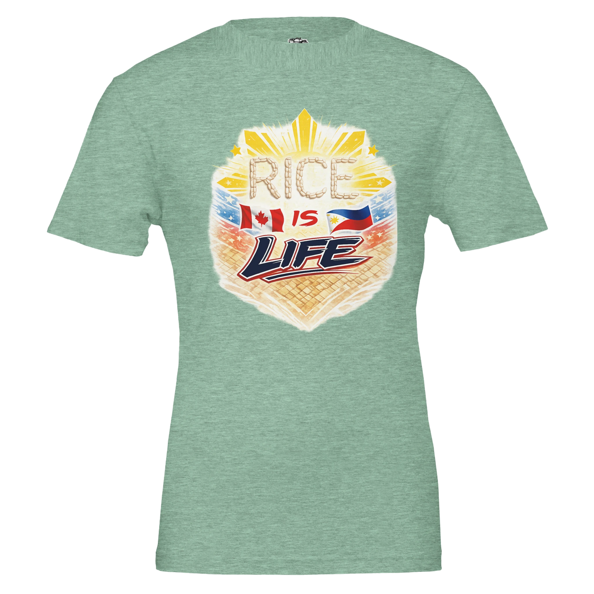 Green t-shirt with 'Rice is Life' graphic design on a white background