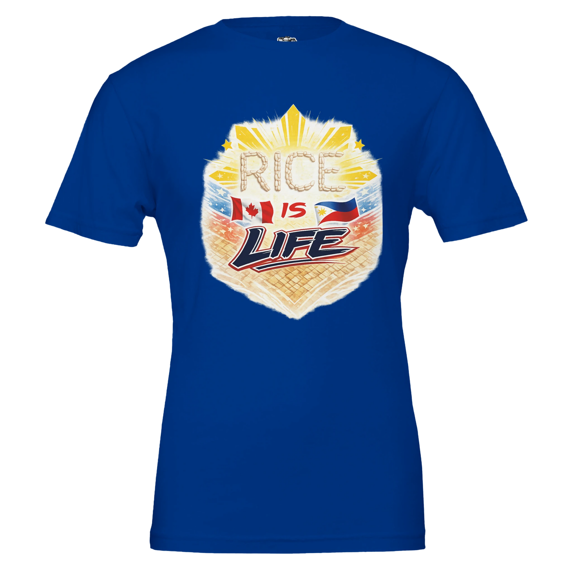Blue t-shirt with 'Rice is Life' graphic design on a white background