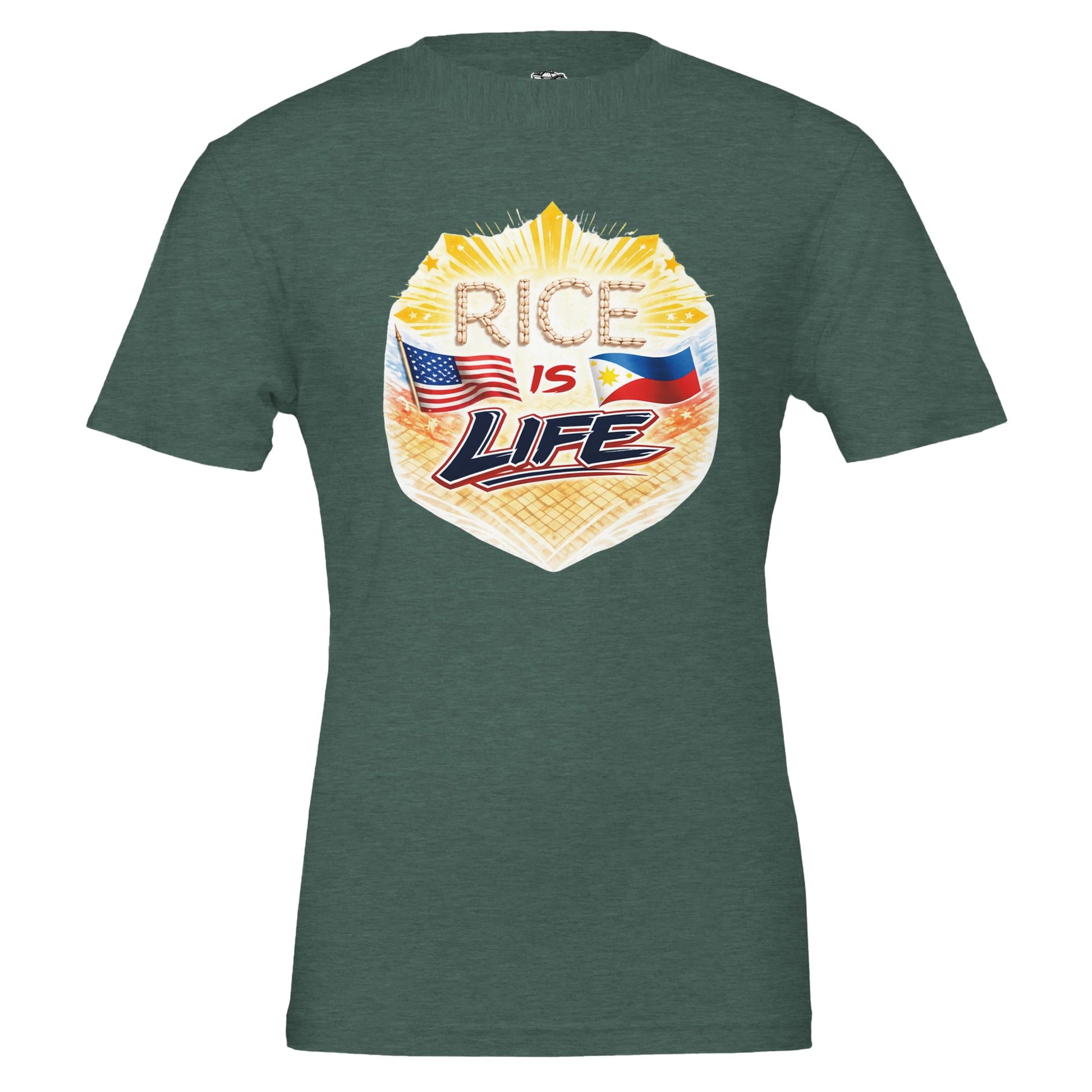Military green t-shirt with 'Rice is Life' graphic design featuring an American flag and Philippine flag on a white background.