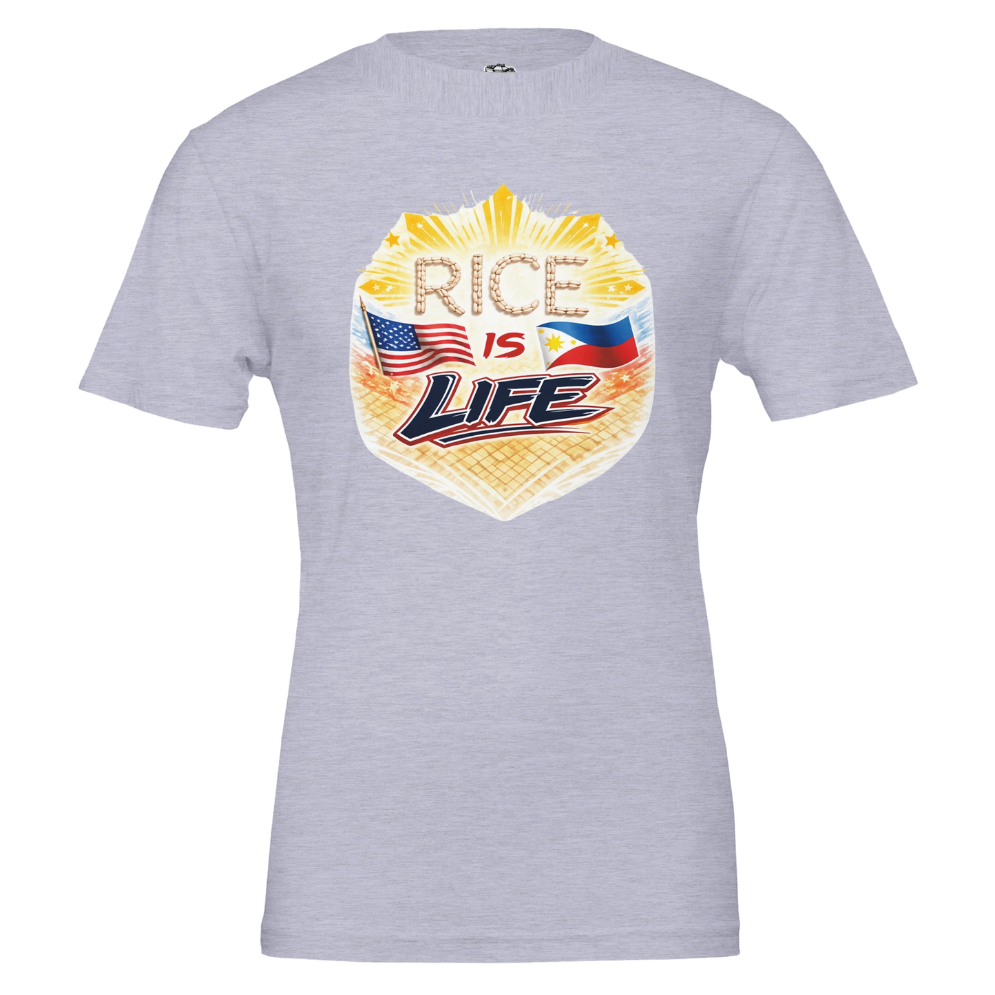 Gray t-shirt with 'Rice is Life' graphic design featuring American and Philippine flags on a white background.