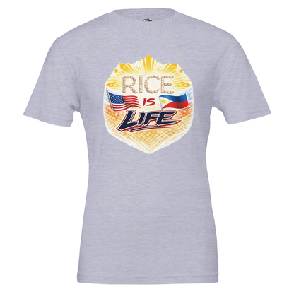 Gray t-shirt with 'Rice is Life' graphic design featuring American and Philippine flags on a white background.