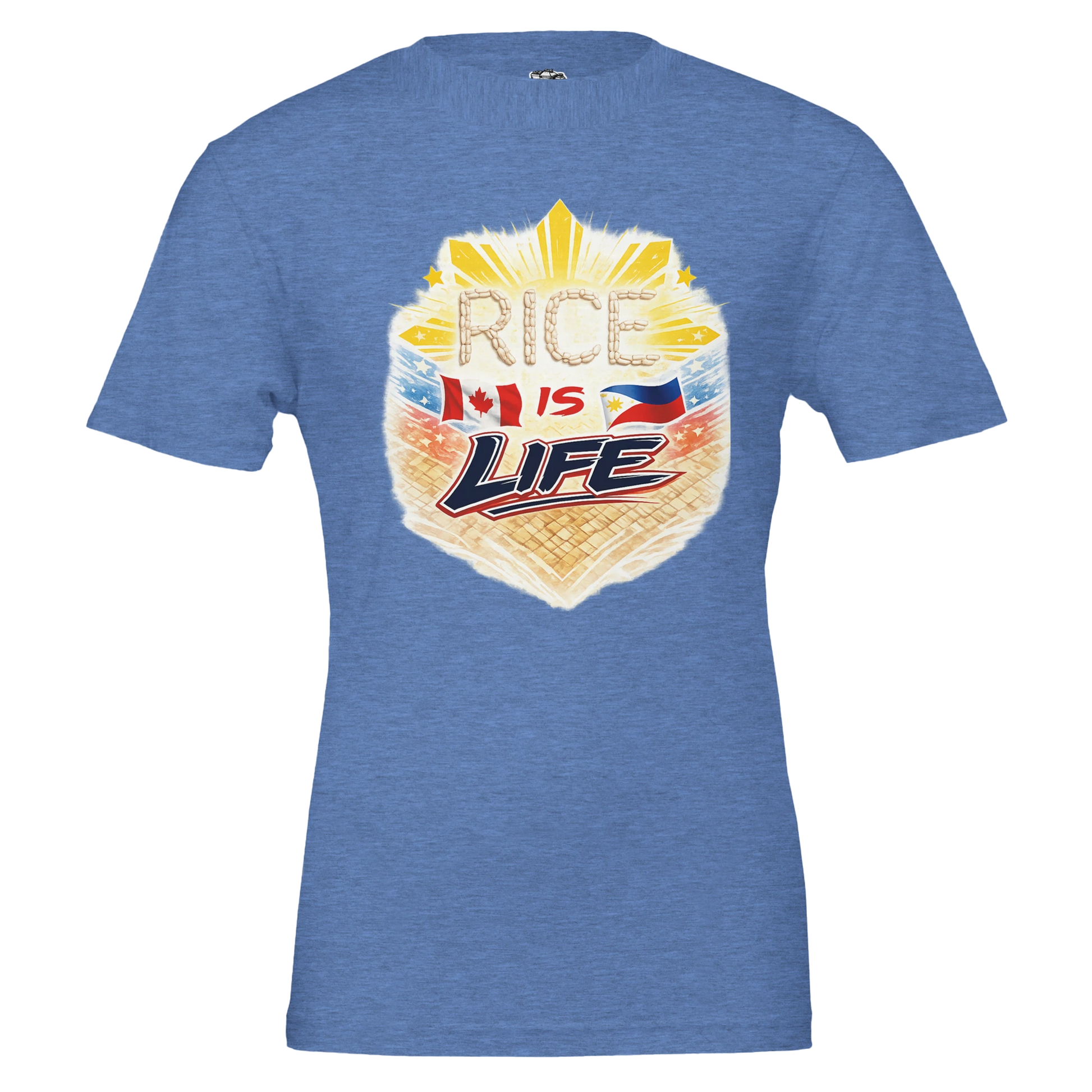 Blue t-shirt with 'Rice is Life' graphic design on a white background